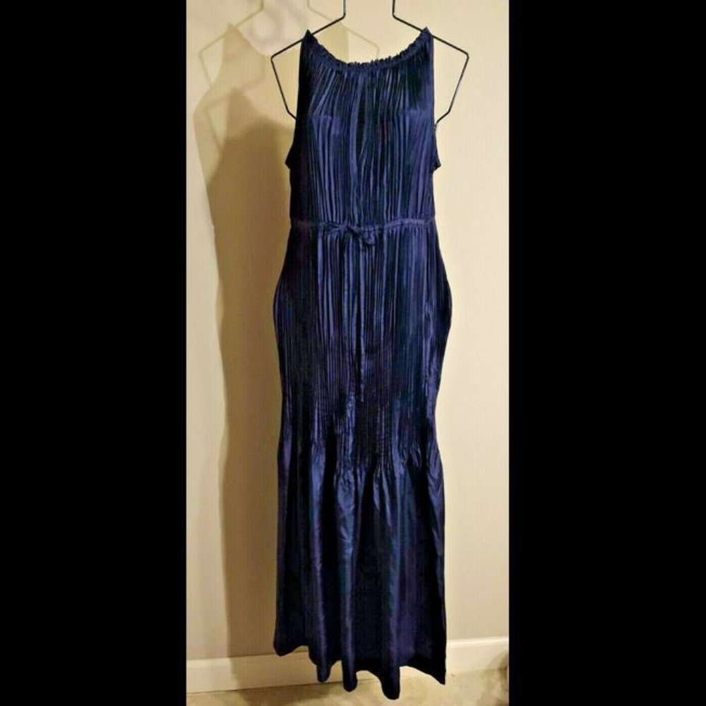 Calypso St Barth Navy Blue Knife Pleat Silk Maxi